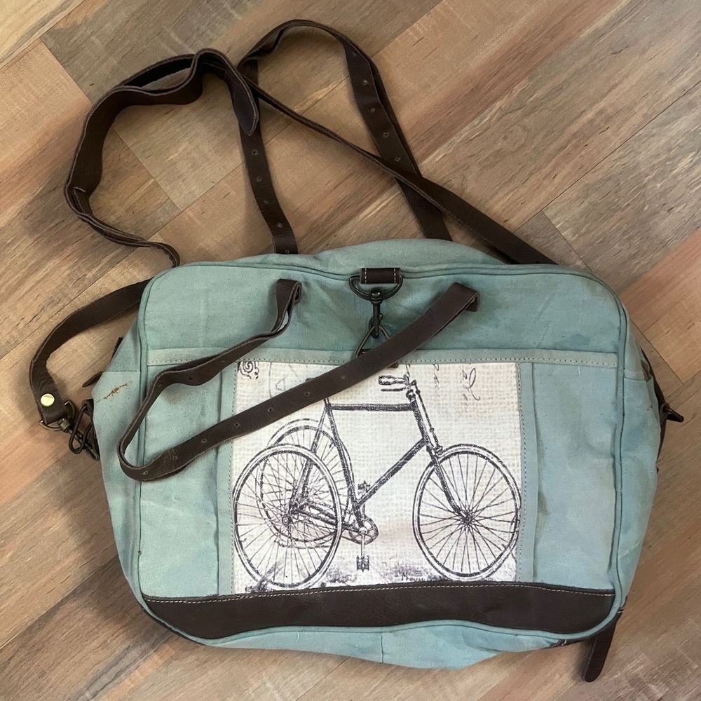Stylish Bicycle Print Messenger Bag - Teal and Brown